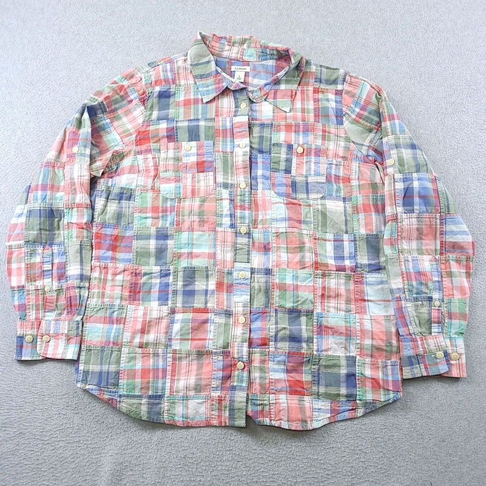 LL Bean Top Womens Large Multicolor Madras Patchwork Plaid Cotton Roll Tab Shirt